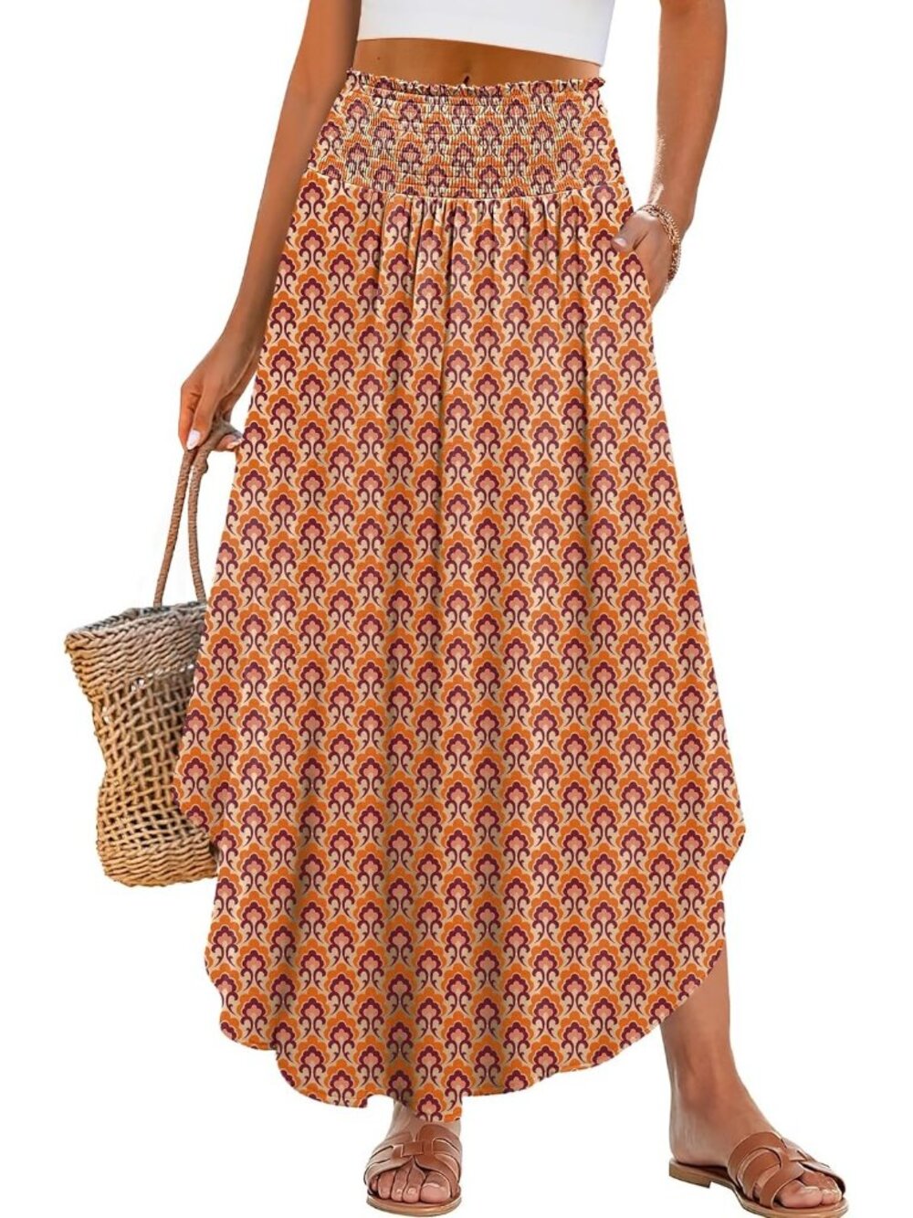 Women's Orange Boho Floral High Waisted Smocked Flowy Pocket Maxi Skirt